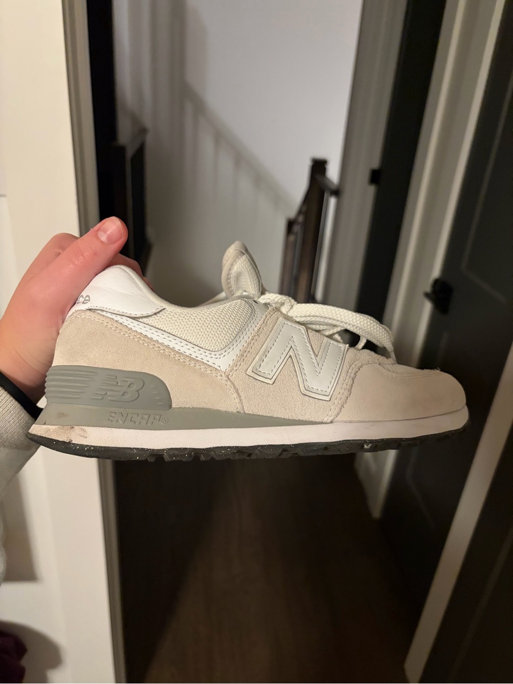 New Balance Beige, White and Gray Suede Mesh Sneaker